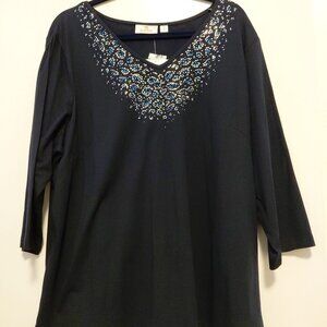 Quacker Factory Rhinestone Embellished Top 3/4 Sleeves Navy Blue 2X NWT